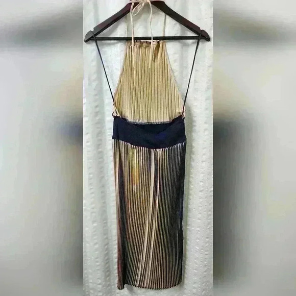 Zara Navy & Cream Pleated Halter Maxi Dress Large - Picture 4 of 11